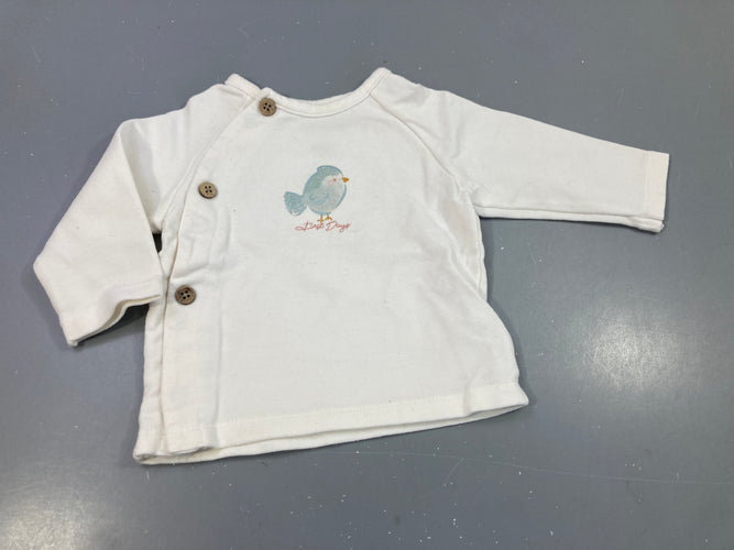 T-shirt m.l fermeture latéralle par boutons , oiseau bleu, très légèrement bouloché, moins cher chez Petit Kiwi