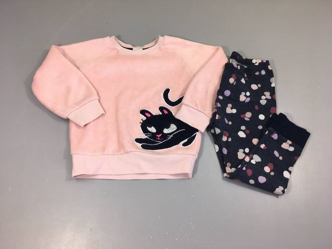 Pyjama 2 pcs haut velours rose chat bas coton bleu décoloré, moins cher chez Petit Kiwi