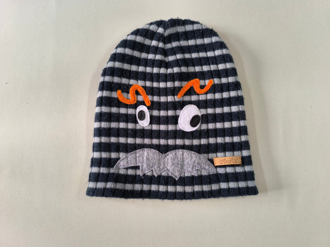 Bonnet maille rayé gris/noir yeux, sourcils, moustache, 53-55 cm, moins cher chez Petit Kiwi