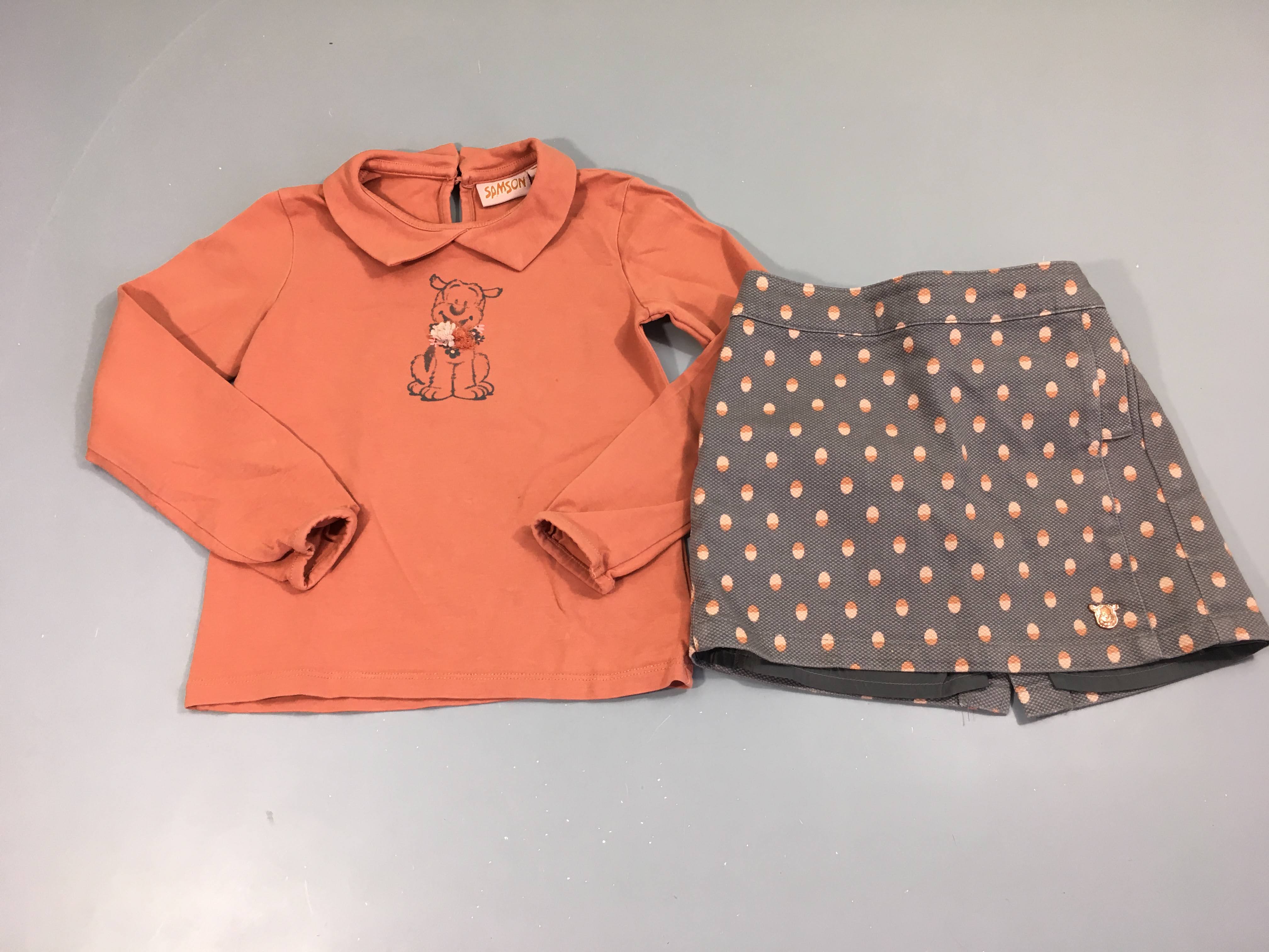 T-shirt m.l saumon col chien + jupe gris pois