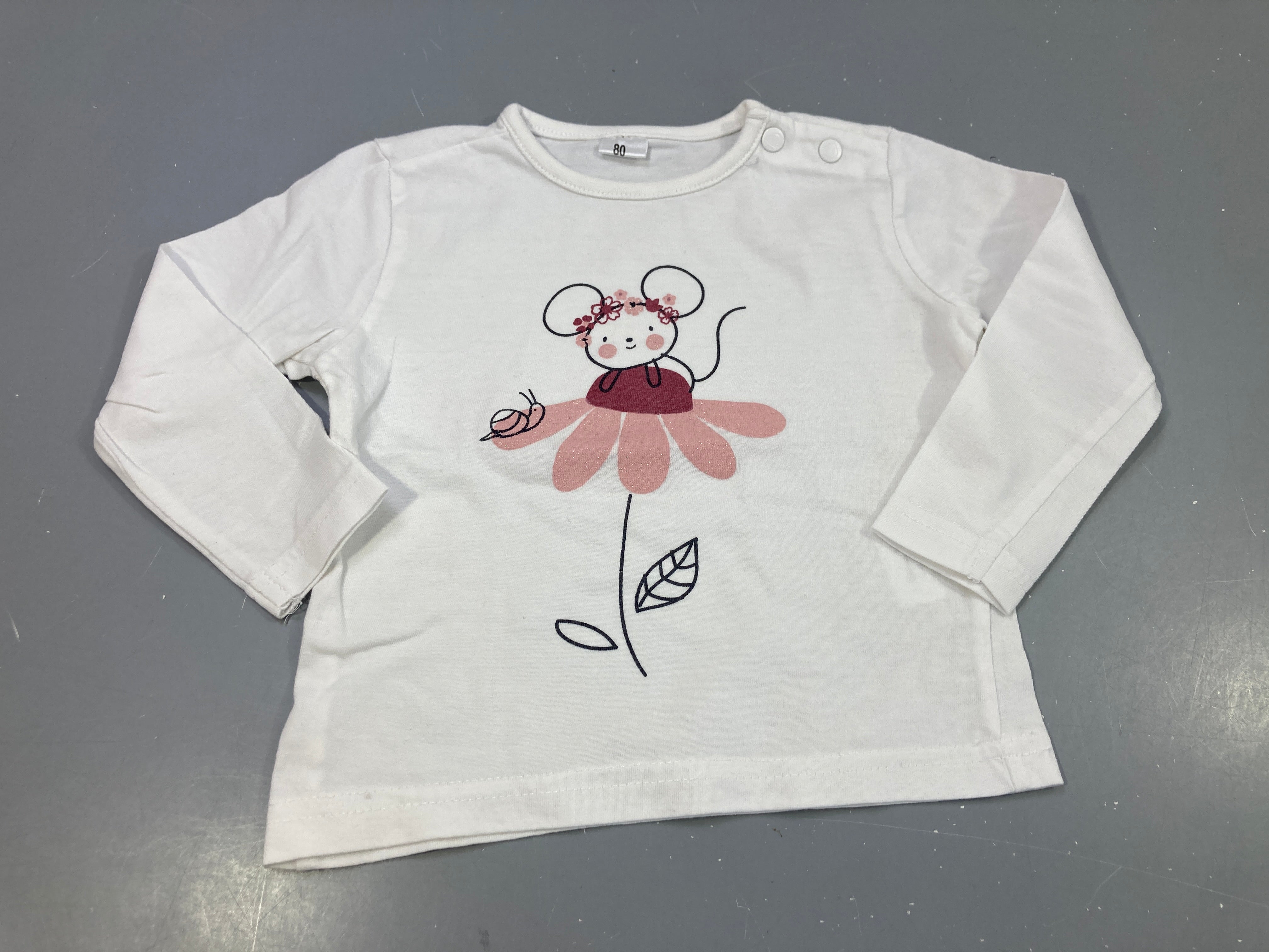 T-shirt m.l blanc , souris sur une fleur