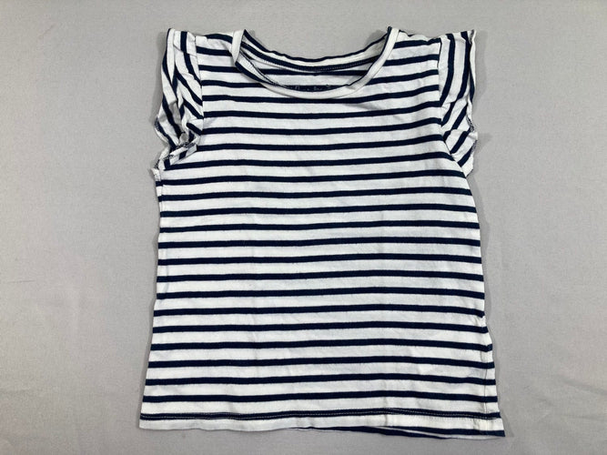 T-shirt m.c blanc rayé bleu froufrou manches, moins cher chez Petit Kiwi