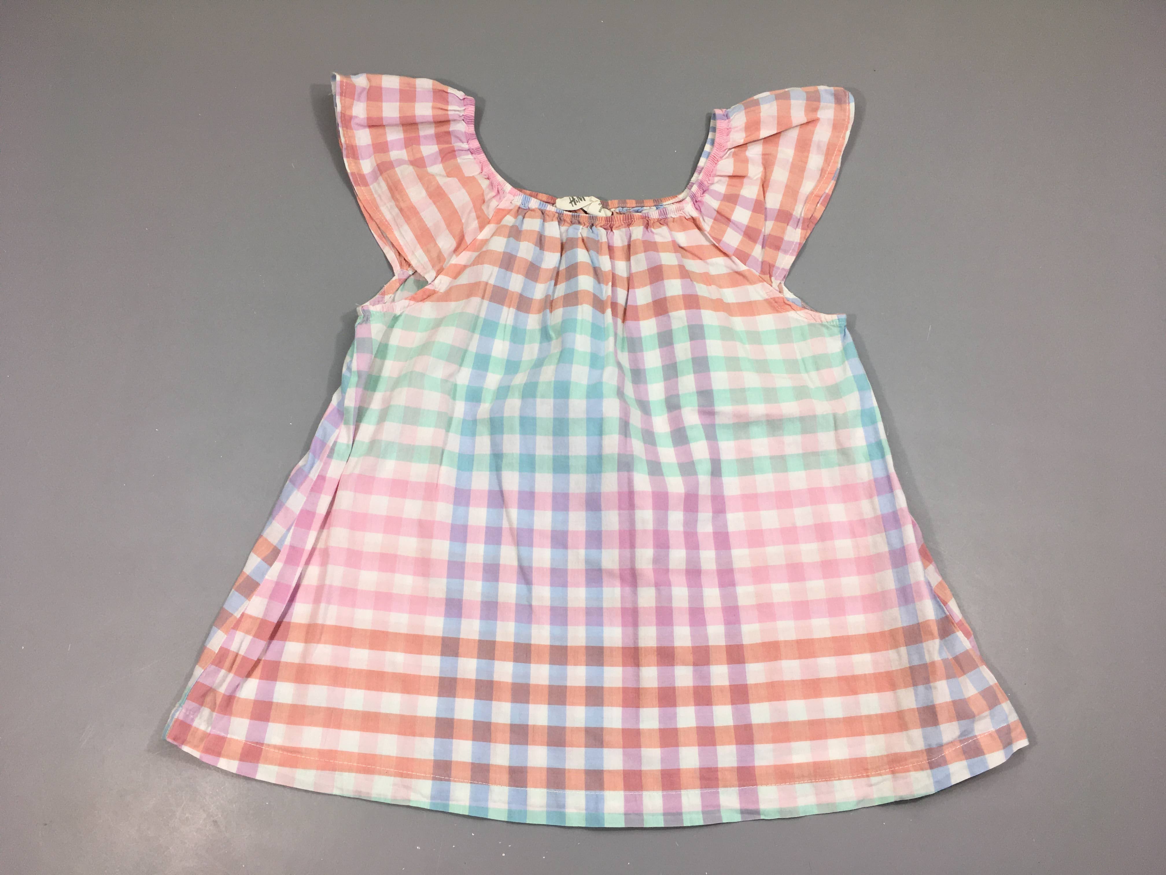 Blouse m.c blanche à carreaux bleu/rose/mauve