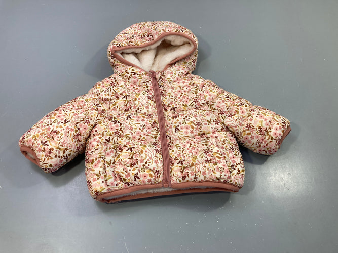 Veste zippée à capuche réversible écru à fleurs /  peluche écru . Pas de taille indiquée estimée, moins cher chez Petit Kiwi