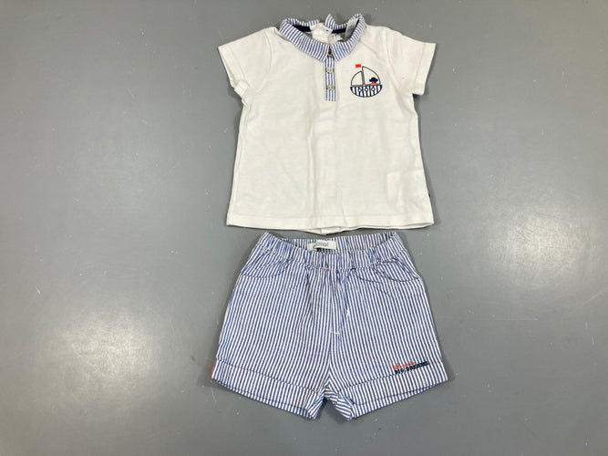 T-shirt m.c blanc col rayé bateau + short, moins cher chez Petit Kiwi