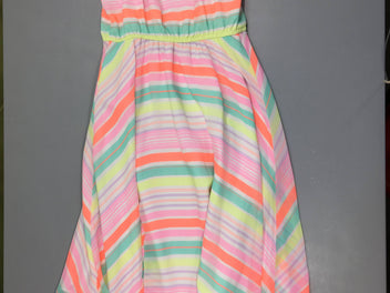 Robe fines bretelles voile blanc rayé multicolore néon