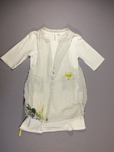 Robe blanche en jersey manches 3/4 + robe en voile de coton à pois noirs et motifs jaunes et verts, moins cher chez Petit Kiwi