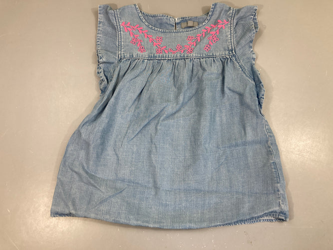 Blouse denim m.c broderie rose, moins cher chez Petit Kiwi