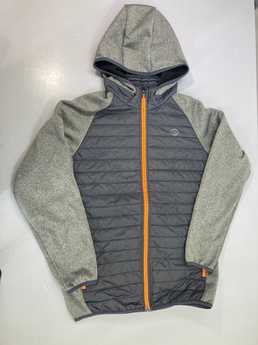 Veste zippée capuche gris anthracite, molleton, zip orange, moins cher chez Petit Kiwi