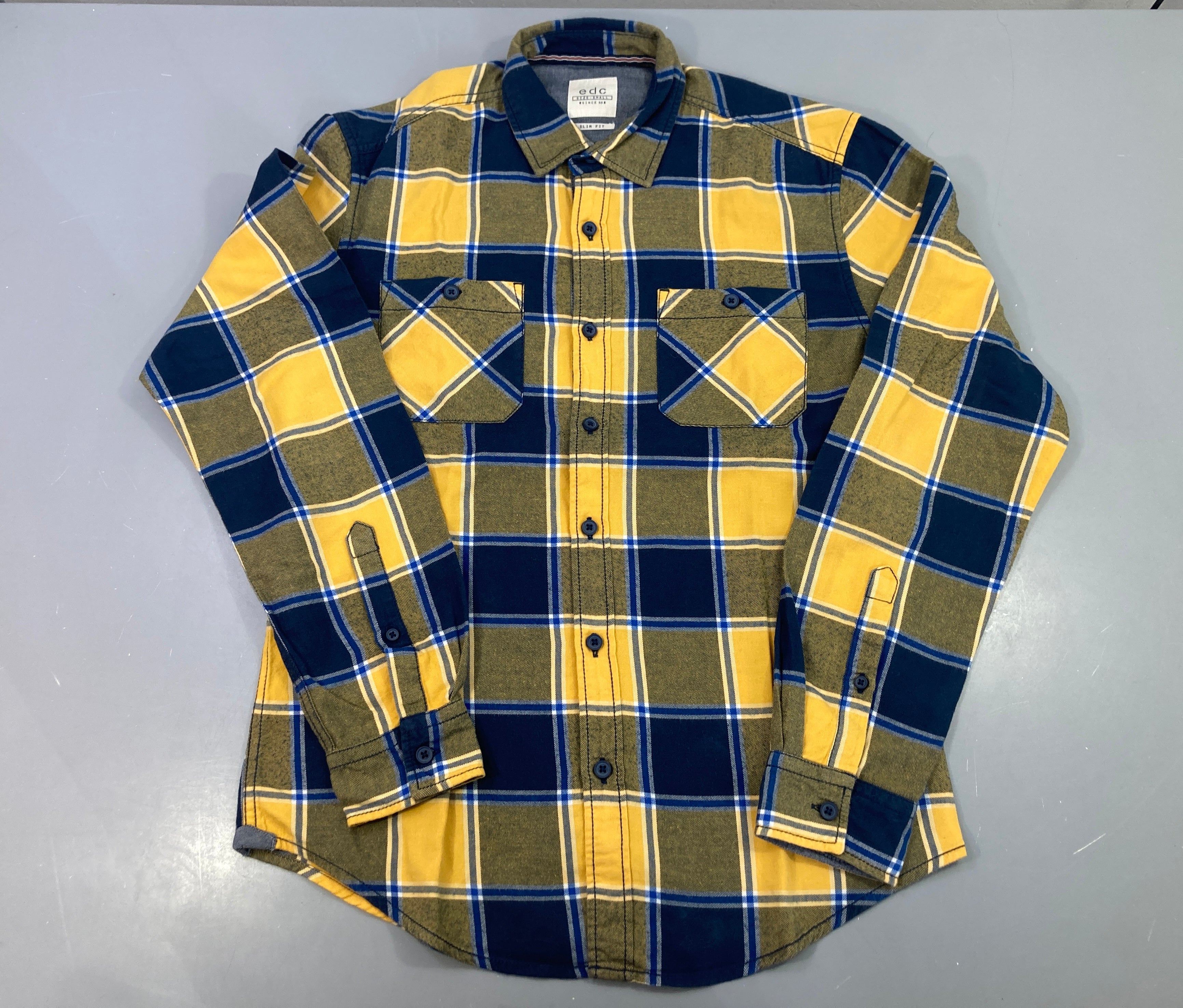 Chemise m.l carreaux flanelle jaune bleu marine, edc