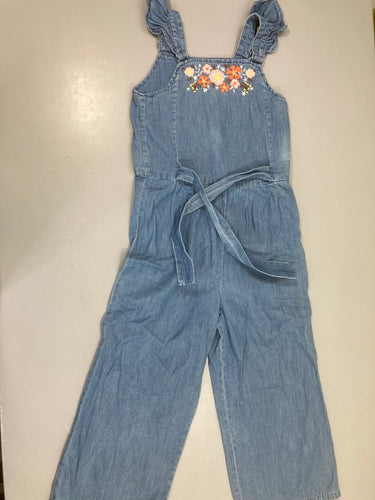 Salopette Denim fleurs brodées, moins cher chez Petit Kiwi