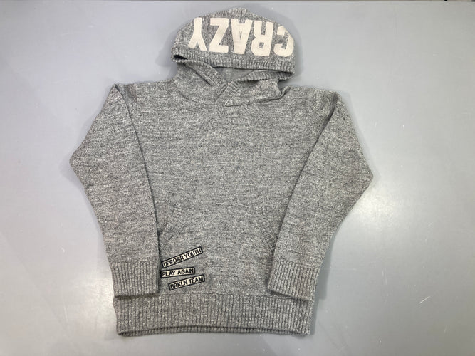 Pull à capuche gris chiné imprimé Crazy, patchs, moins cher chez Petit Kiwi