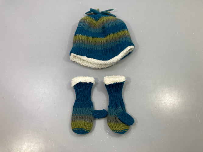Bonnet et moufles tricotés rayés bleu vert doublé polar, moins cher chez Petit Kiwi