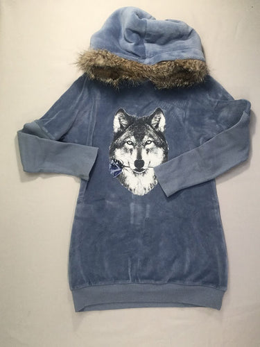 Robe-Sweat m.l à capuche velours bleu fourrure amovible loup motif effet craquelé sequins-Lapin House, moins cher chez Petit Kiwi