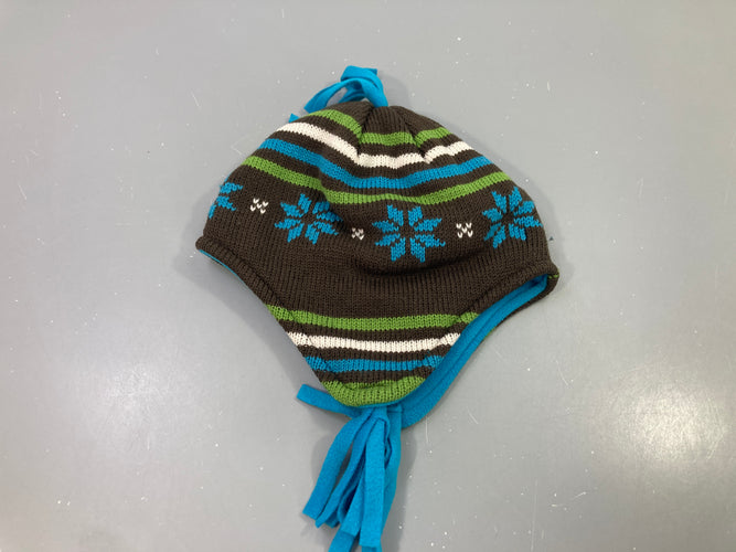 Bonnet tricoté marron bleu flocons doublé polar, moins cher chez Petit Kiwi