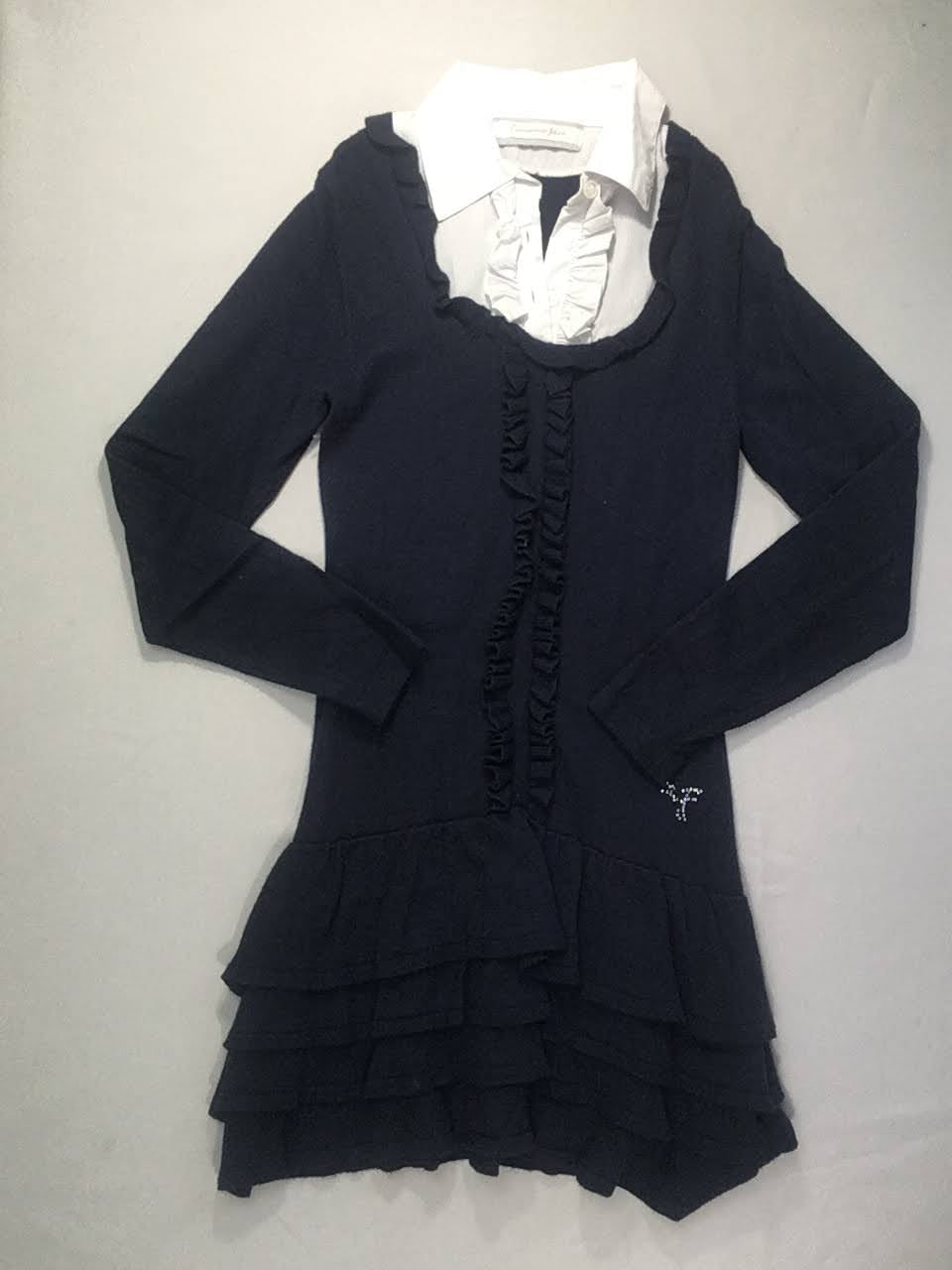 Robe pull ml bleu foncé effet supperposé chemisier froufrou Strass-Fracomina Légèrement bouloché