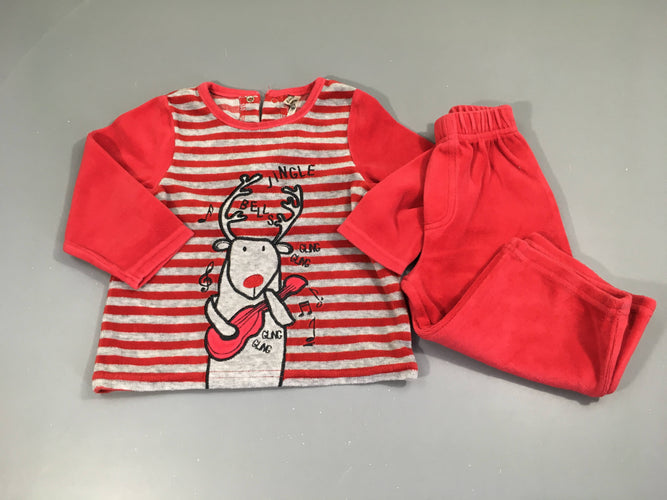 Pyjama 2pcs velours rouge rayé gris Renne, moins cher chez Petit Kiwi
