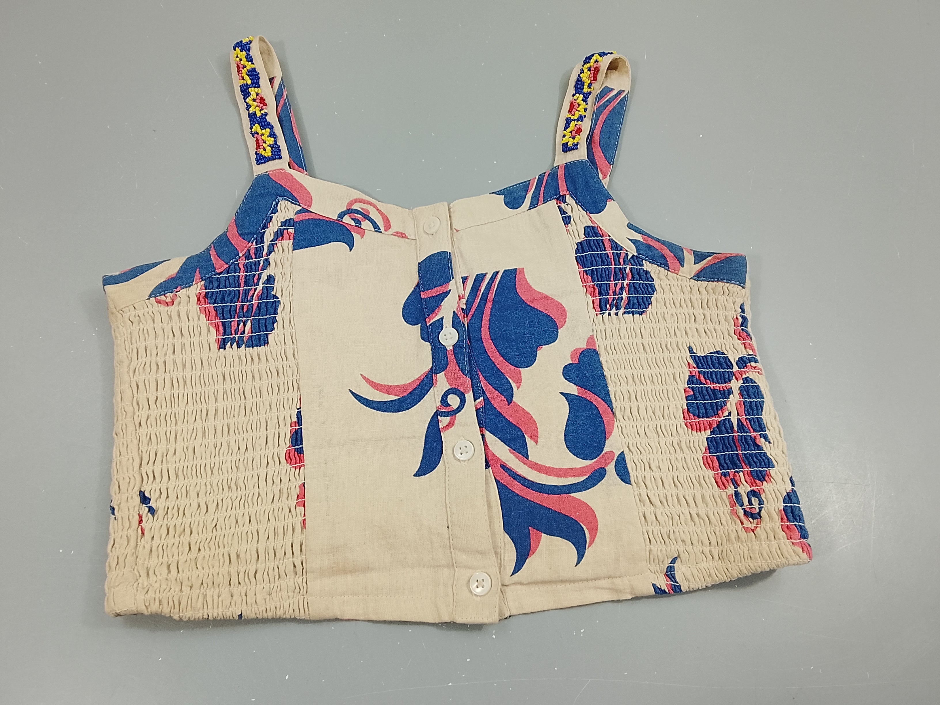 Blouse à bretelles avec petites perles, beige à fleurs bleu rose