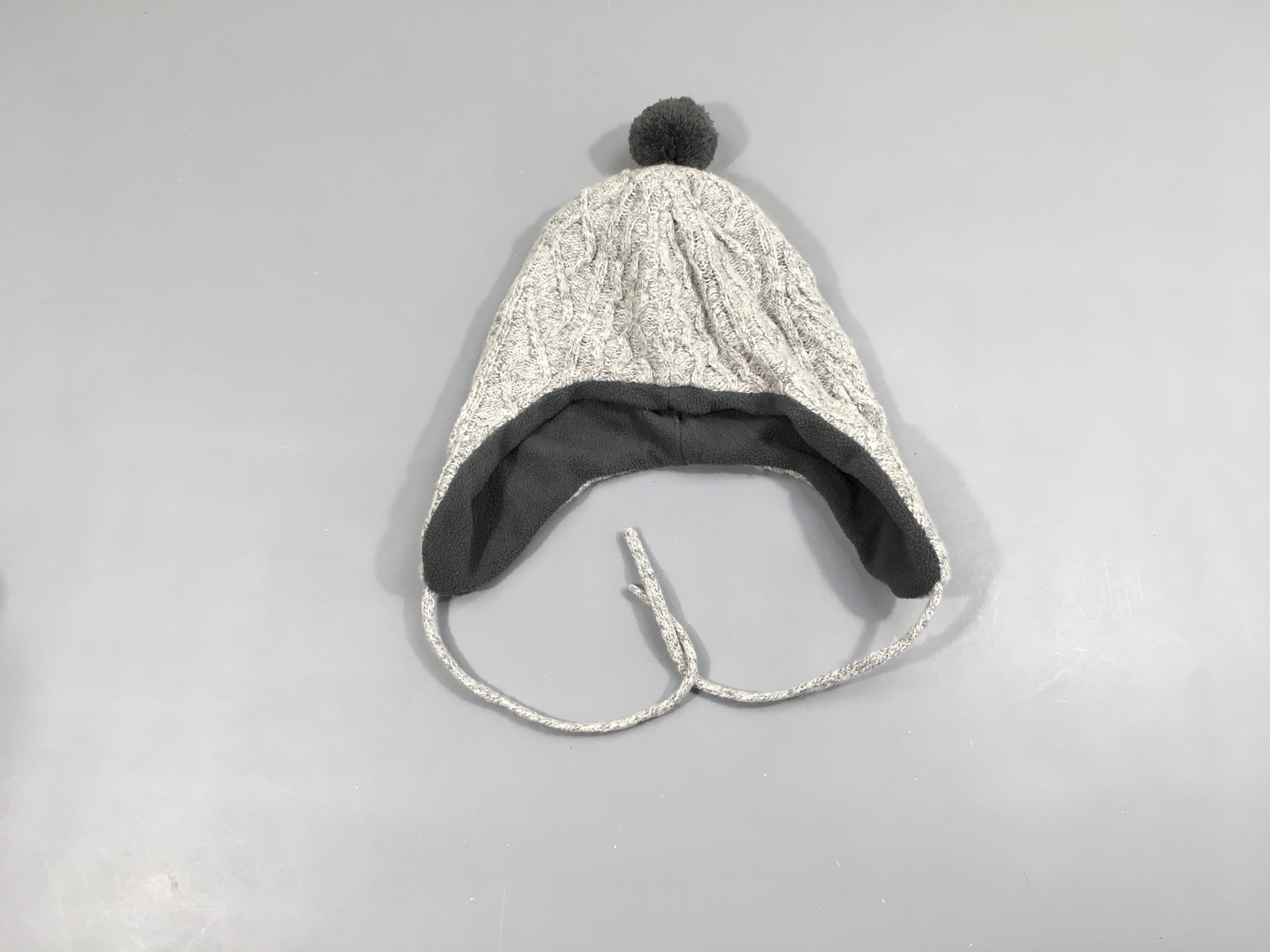 Bonnet mailles grises pompon doublé polar 46cm