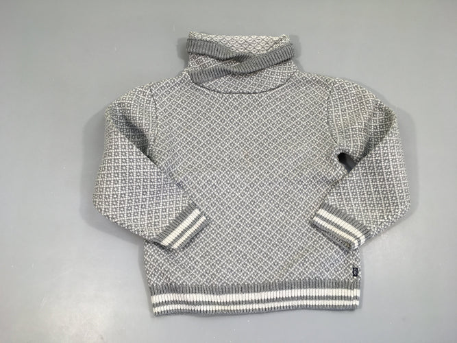 Pull col snood gris motifs blancs, bouloché, moins cher chez Petit Kiwi