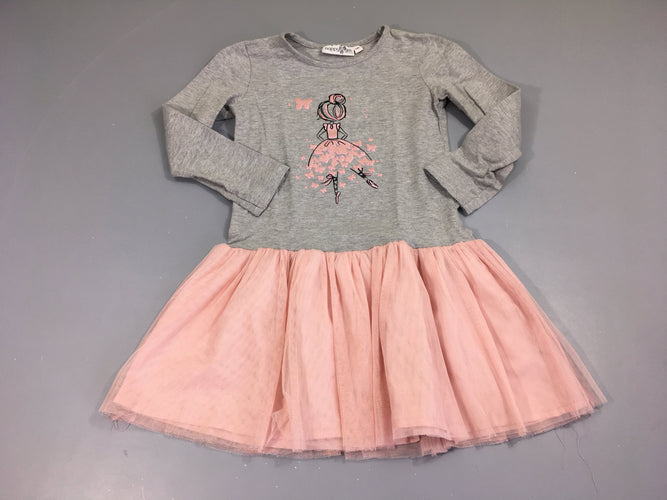 Robe m.l bi-matière gris chiné danseuse/tulle vieux rose bas, moins cher chez Petit Kiwi