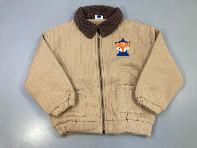 Veste zippée beige matelassée col sherpa marron, patch renard, Fred+ginger, moins cher chez Petit Kiwi