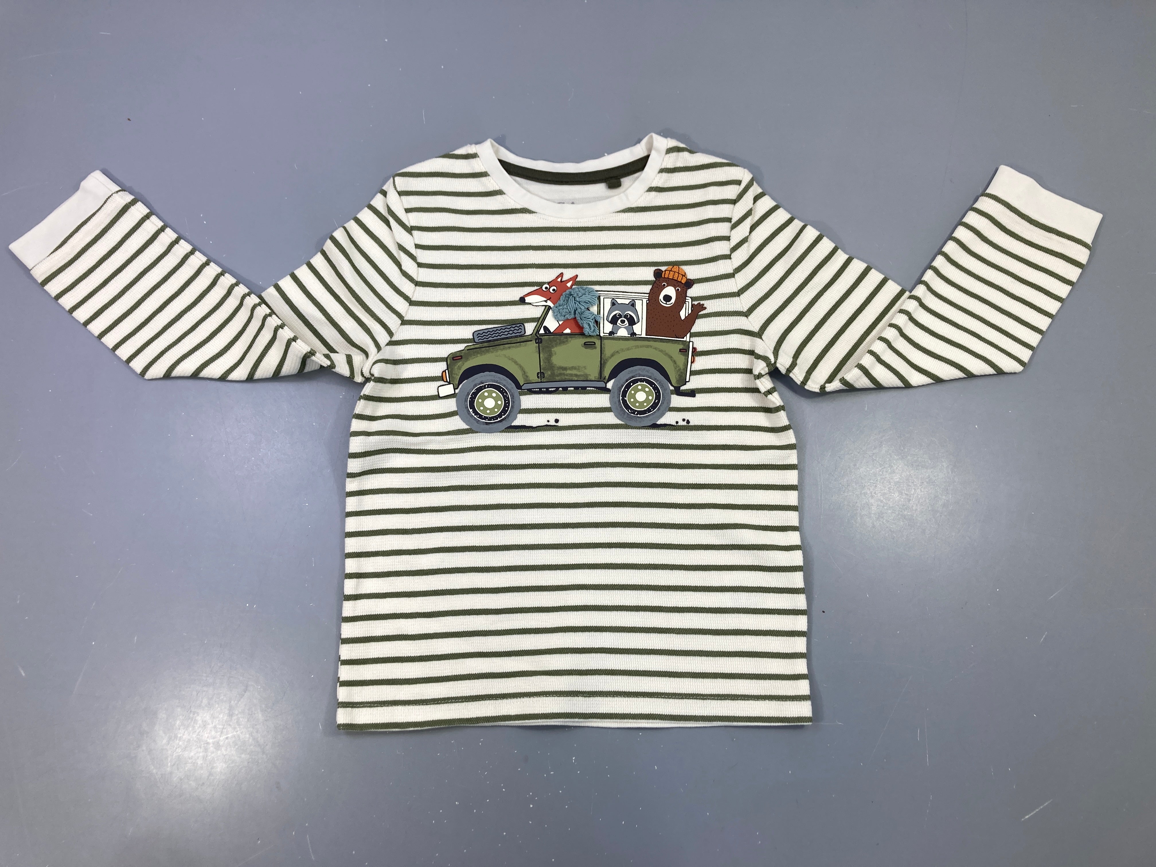 T-shirt m.l épais rayé blanc kaki imprimé voiture animaux