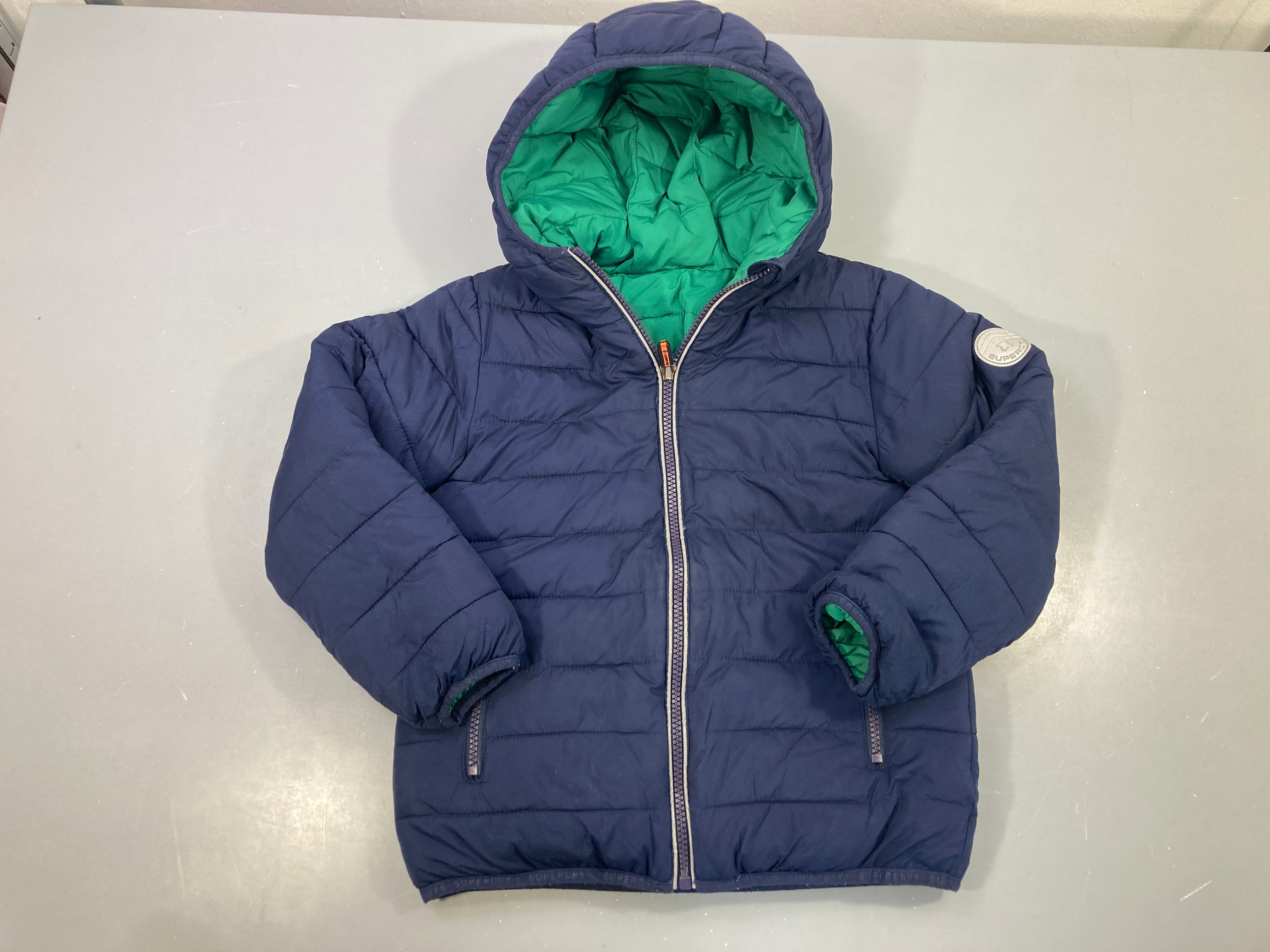 Doudoune réversible zippée capuche bleu marine, doublure verte, Fuji
