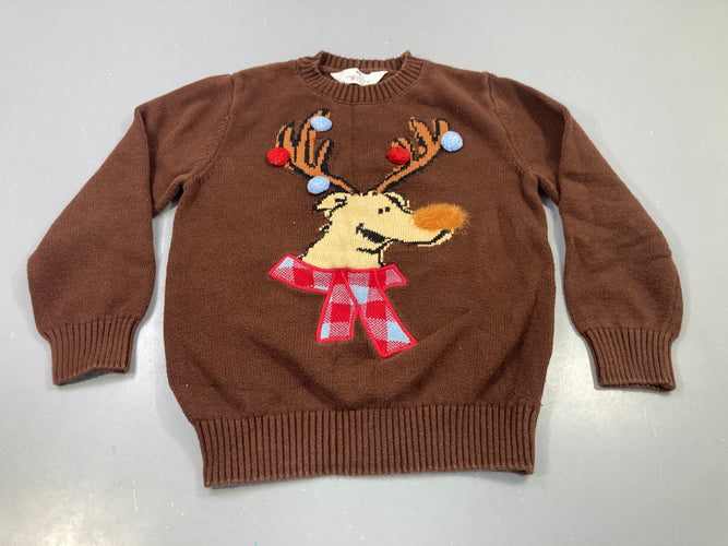 Pull marron renne brodé, pompons, moins cher chez Petit Kiwi