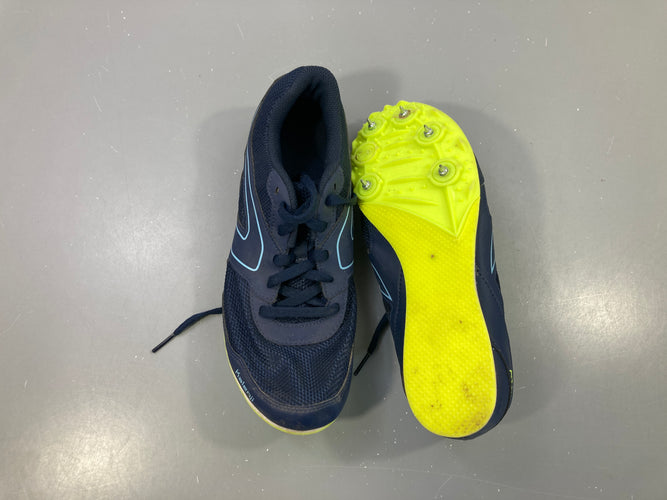 Chaussures à pointes marine et jaune fluo athlétis.me, Kalenji, moins cher chez Petit Kiwi
