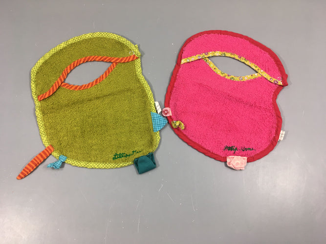 2 Bavoirs fuschia /vert Liz avec pression pour attache tétine, moins cher chez Petit Kiwi