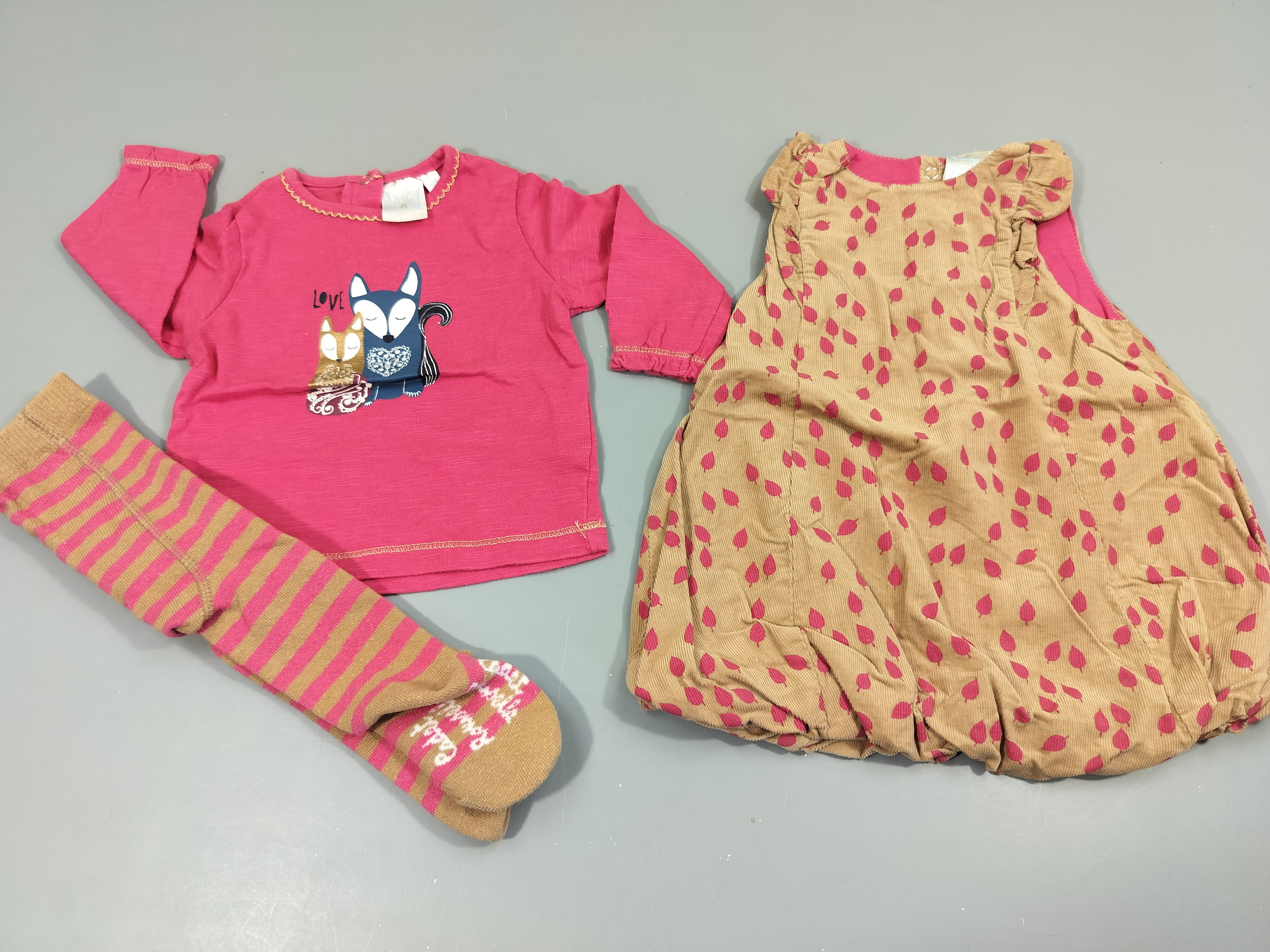 Ensemble Cadet Rousselle Robe s.m en velours côtelé brun clair motifs feuilles roses+ T-shirt m.l rose, 2chiens 