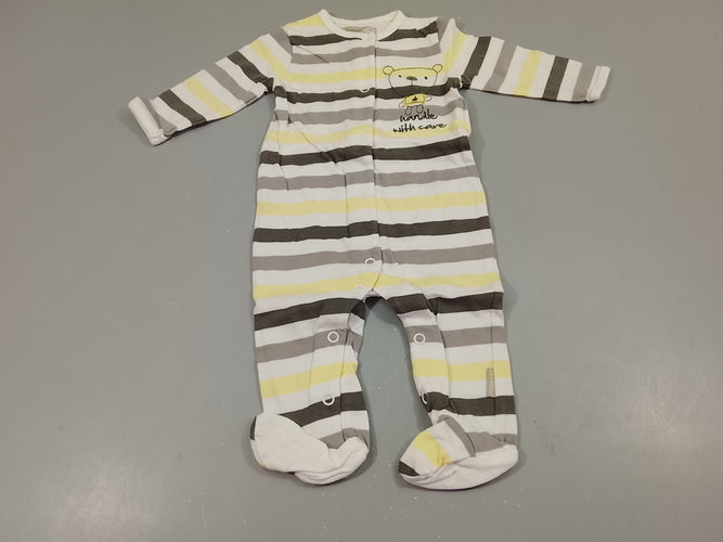 Pyjama jersey blanc rayé gris et jaune , ours "handle with cate", moins cher chez Petit Kiwi