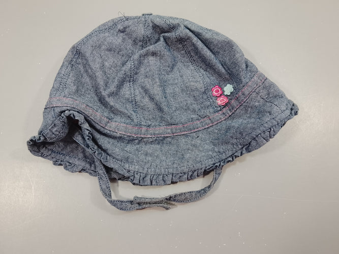 Chapeau de soleil denim, 3 fleurs brodées (49cm), moins cher chez Petit Kiwi