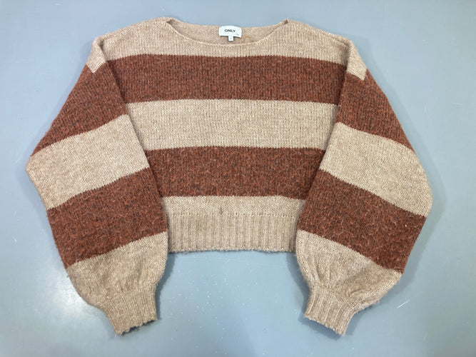 Pull oversize rayures marron et beige- 1 maille défaillante sous le bras D et petite tache milieu bas avant, moins cher chez Petit Kiwi