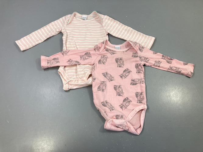 Lot de 2 bodies m.l rose, rayures et chats, légèrement bouloché, moins cher chez Petit Kiwi