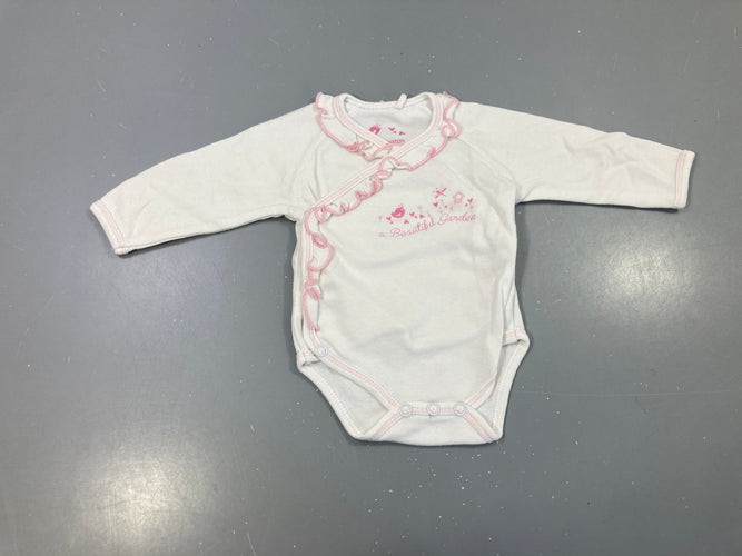 Body m.l blanc bordure rose froufrou imprimé oiseau, bouloché, moins cher chez Petit Kiwi