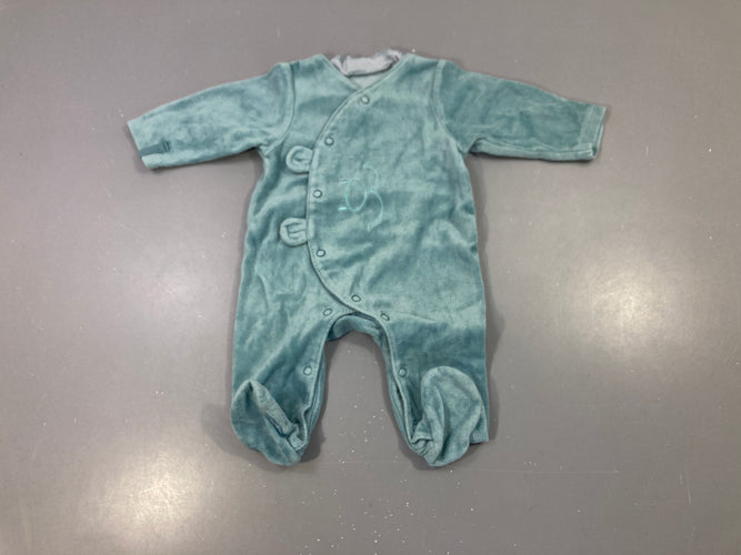 Pyjama velours vert menthe, détail oreilles brodées, moins cher chez Petit Kiwi