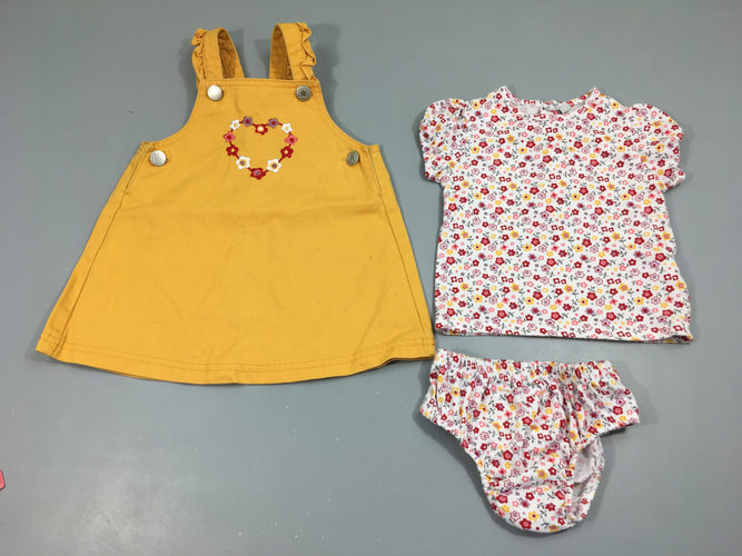 Robe Salopette toile moutarde + T-shirt m.c et bloomer blanc fleurs, moins cher chez Petit Kiwi