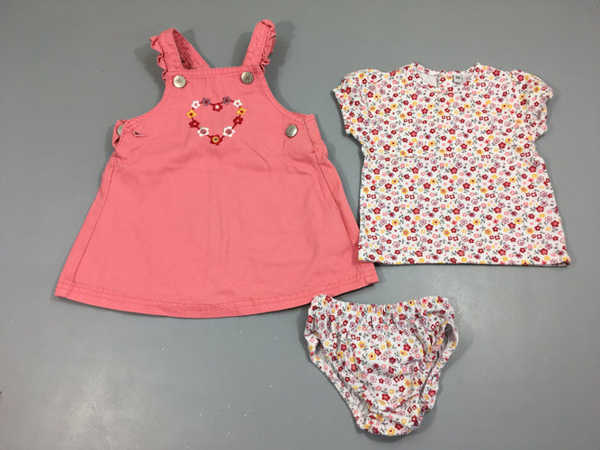 Robe Salopette toile rose + T-shirt m.c et bloomer blanc fleurs, moins cher chez Petit Kiwi