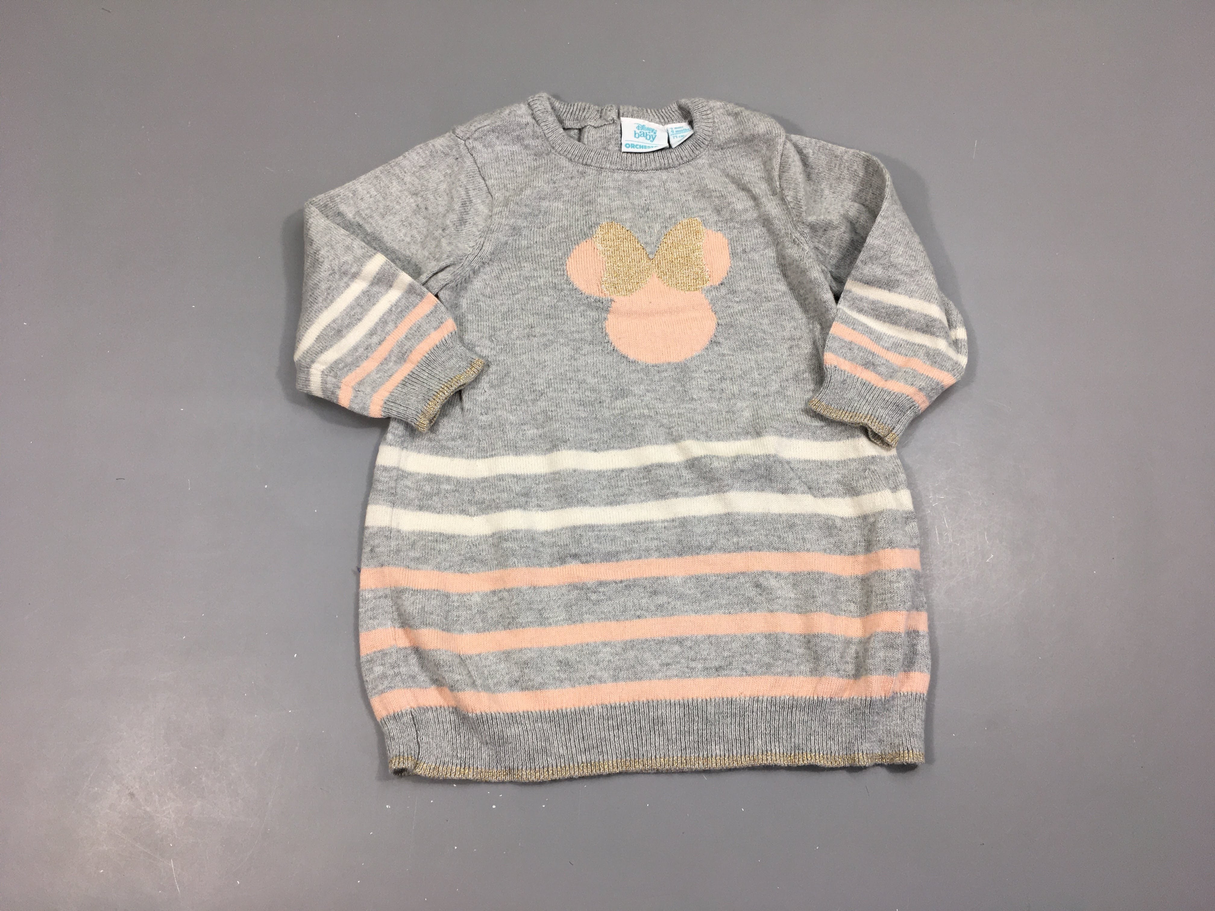 Robe m.l pull gris chiné rayé blanc/rose Minnie