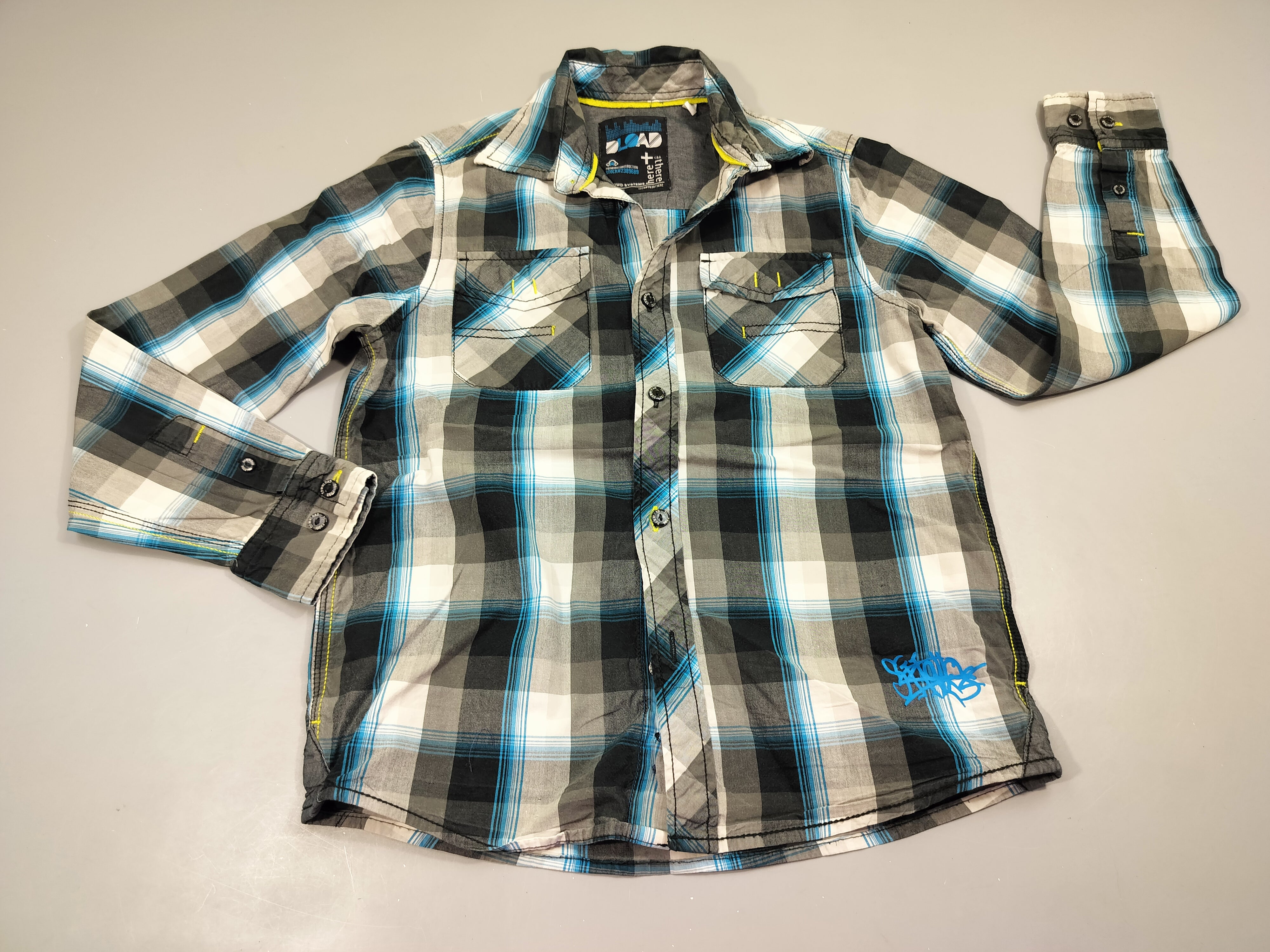 Chemise m.l à carreaux gris, bleu, blanc, noir 100% coton