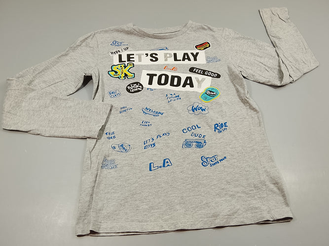 T-shirt m.l gris clair flammé 'Let's play today" , écusson, inscriptions, moins cher chez Petit Kiwi