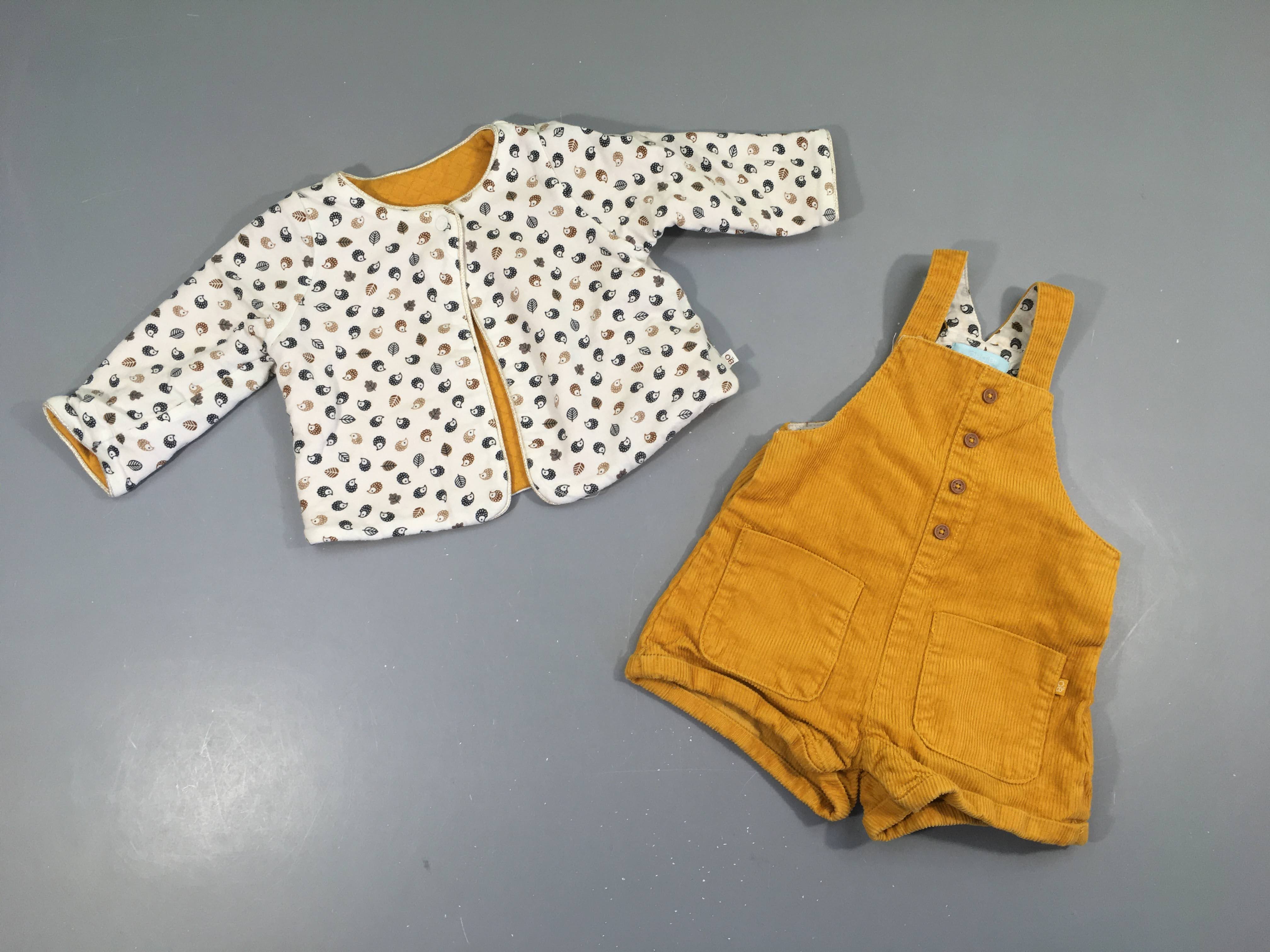 Gilet jersey réversible blanc hérissons/jaune + salopette short velours côtelé