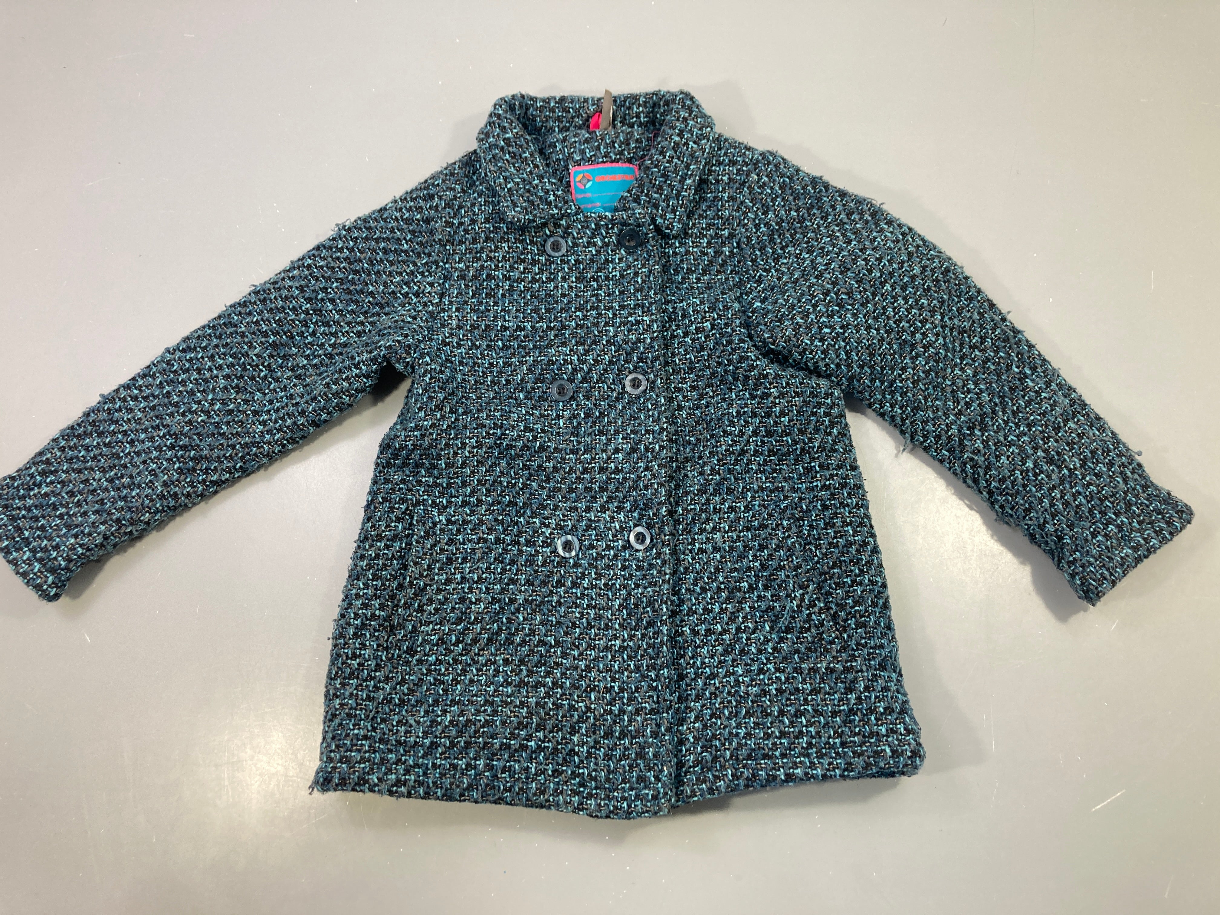 Manteau tweed bleu chiné, légèrement bouloché