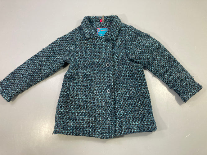 Manteau tweed bleu chiné, légèrement bouloché, moins cher chez Petit Kiwi