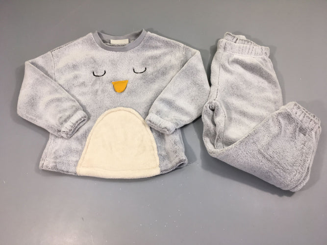 Pyjama 2pcs velours gris pingouin, moins cher chez Petit Kiwi