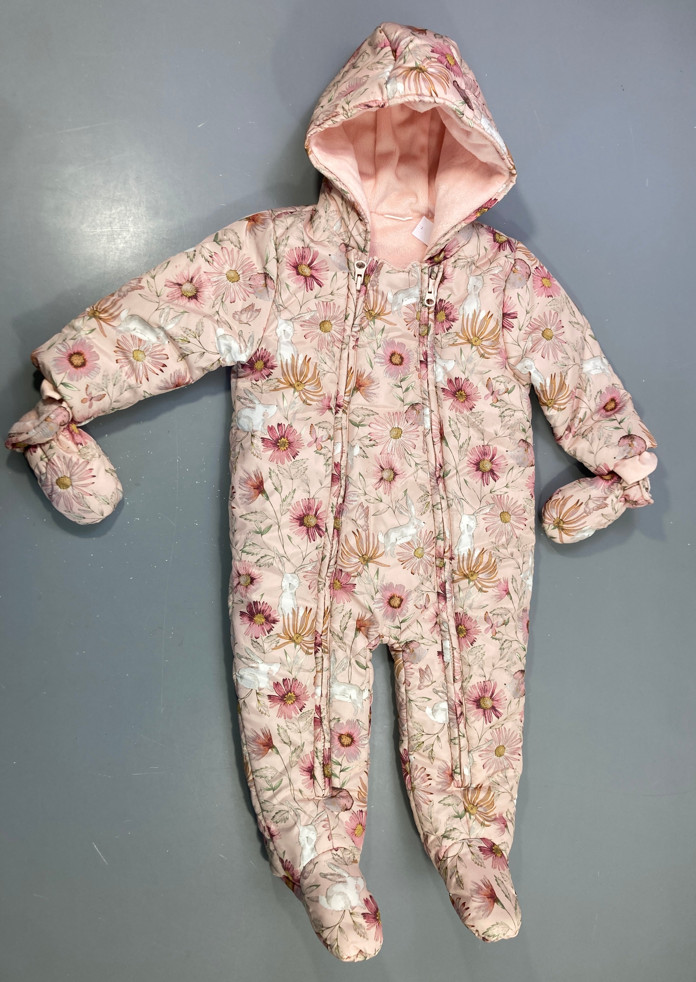 Combi pilote rose à fleurs intérieur velours, moufles