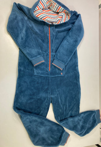Combinaison pyjama velours bleu capuche rayée zippée, moins cher chez Petit Kiwi