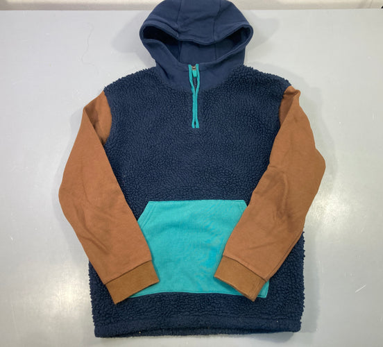Sweat zippé capuche bleu marine sherpa manches camel poche turquoise, moins cher chez Petit Kiwi